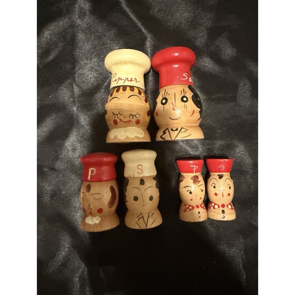 3 Sets Wooden Salt & Pepper Shakers Made In Japan Hand Painted Vintage